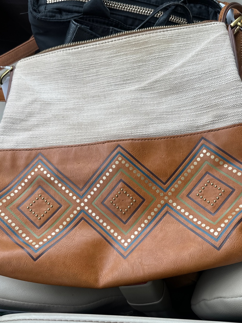Vintage Fossil Amelia Hobo Linen /Faux Leather Shoulder Bag